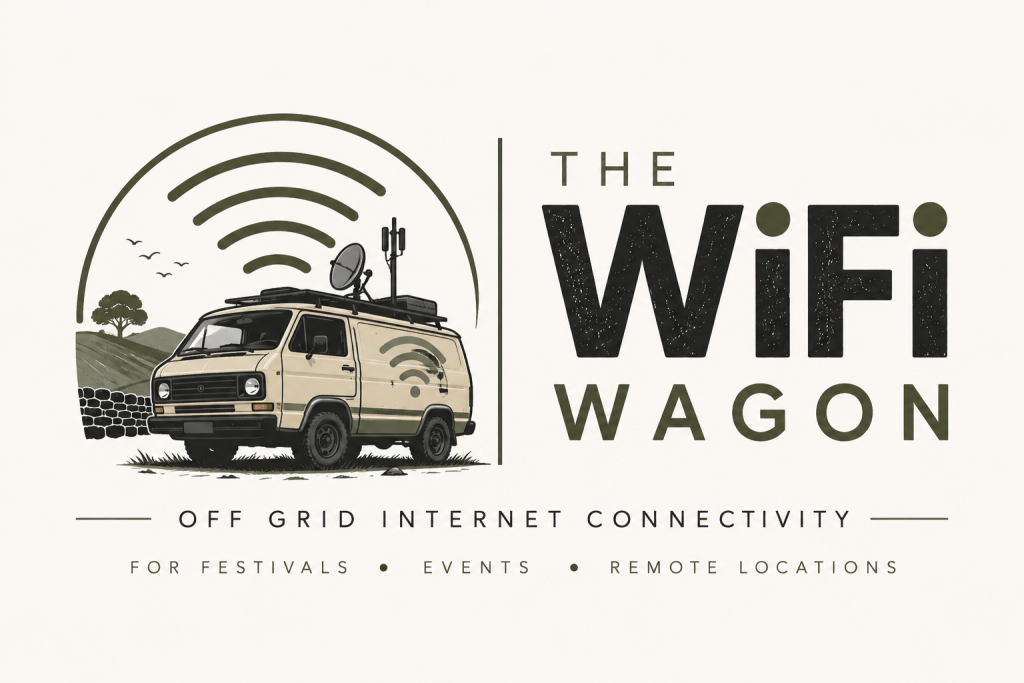 A Company Logo and tag lines.
One the left is a styalised picyure of a 1970s VW van with antena poking out of the top infront of a backdrop of rolling countyside.  One the right in bold are the words The WiFiWagon.
Underneith it reads Off Grid Internet Connectivity for festivals, events, remote locations.